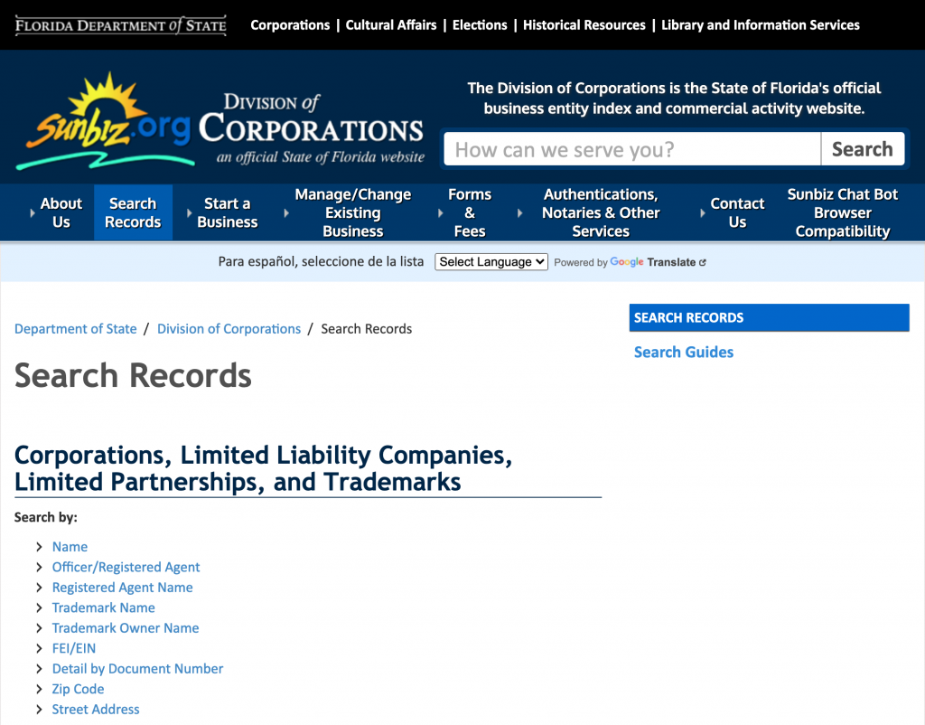 Search Records no site www.Sunbiz.org